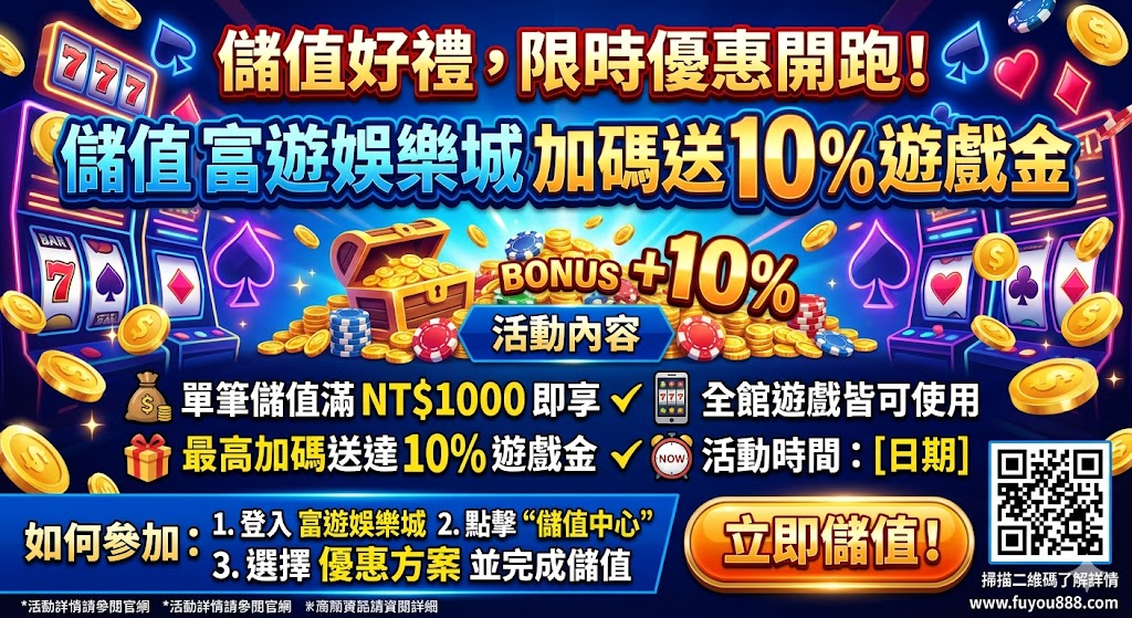 儲值好禮,限時優惠開跑！儲值 富遊娛樂城 加碼送 10% 遊戲金。